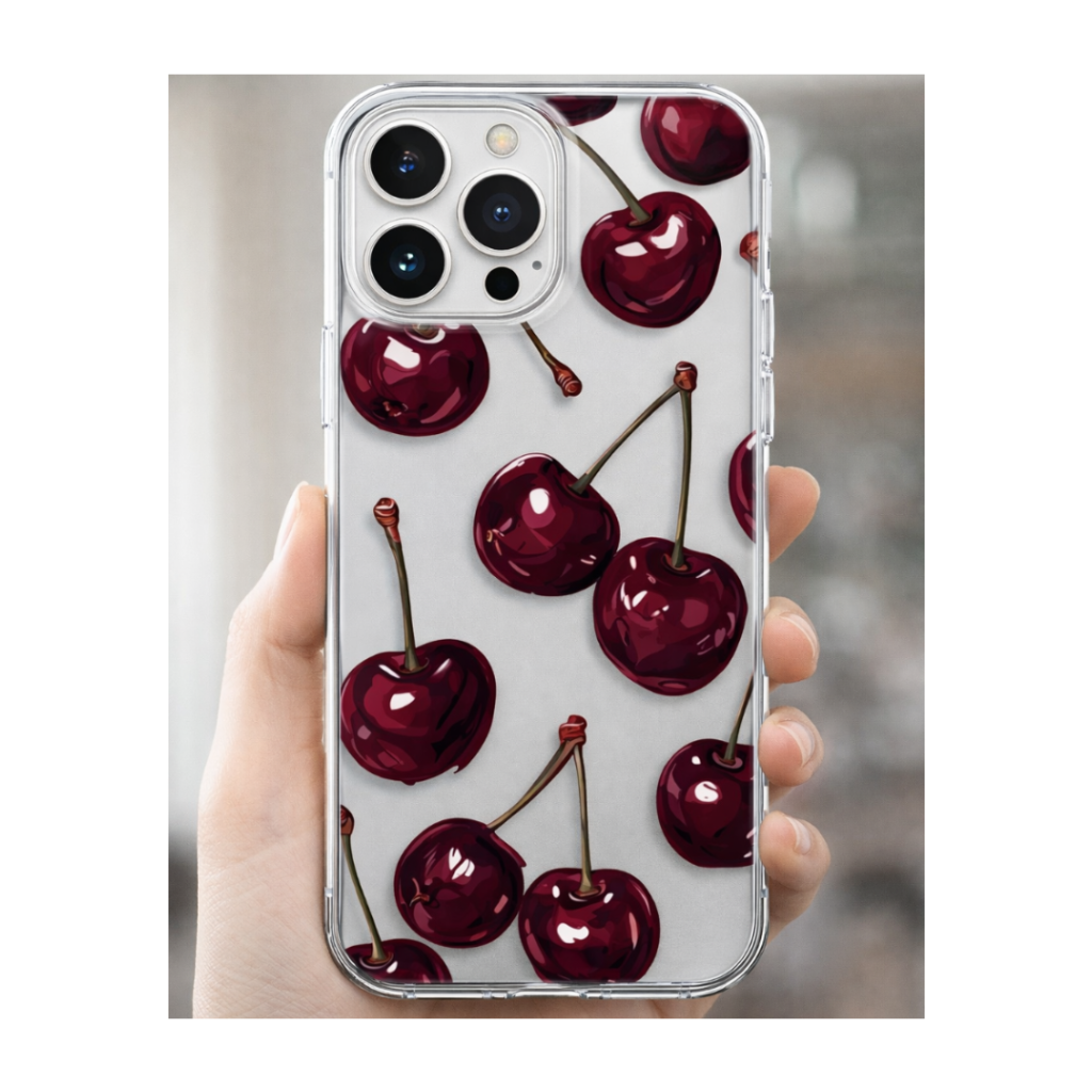 Cherry Desenli Şeffaf Telefon Kılıfı
